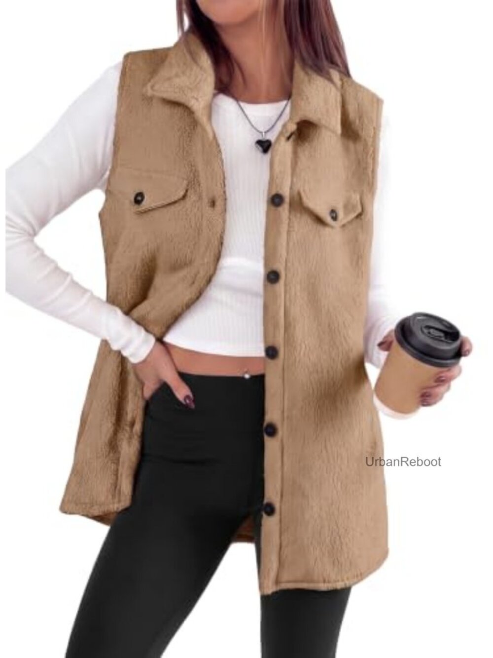 Teddy Fleece Sleeveless Button Down Long Vest Jacket